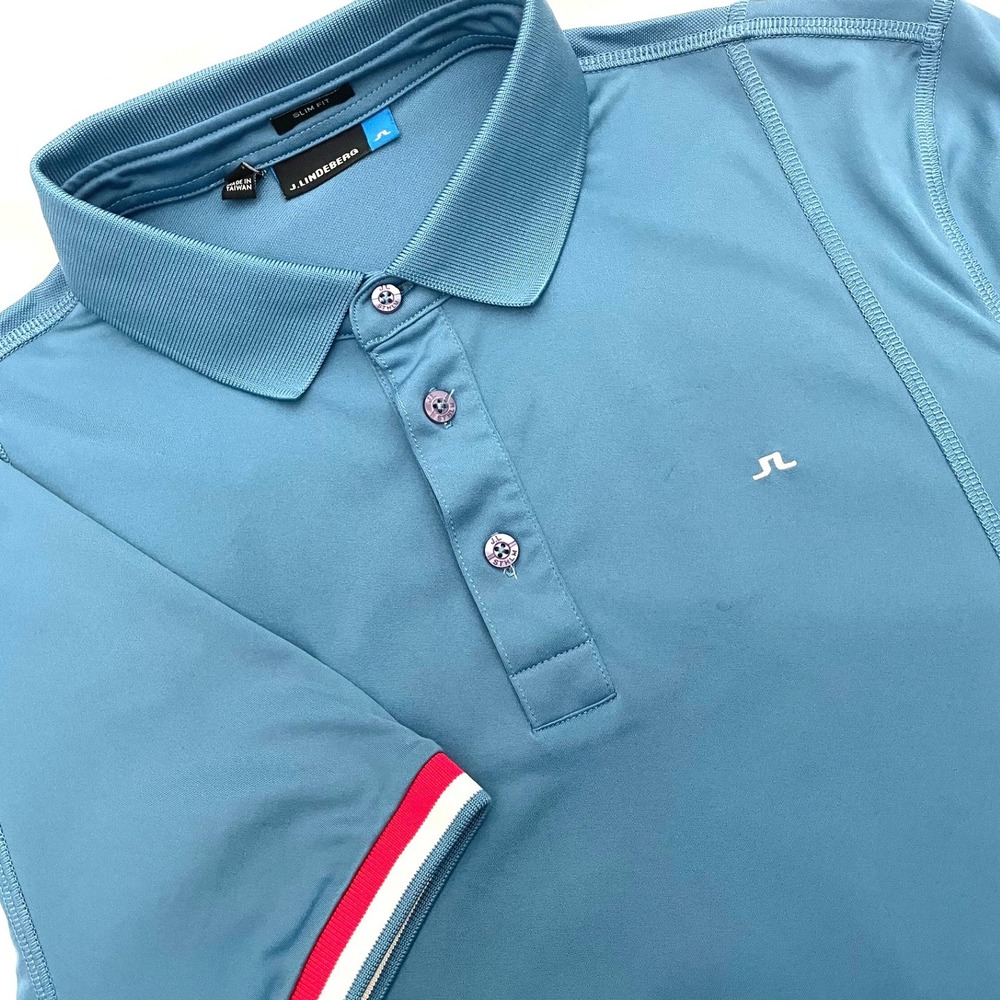 J.Lindeberg William Slim TX Jersey Polo Shirt Mens M Blue Golf Striped Cuffs
